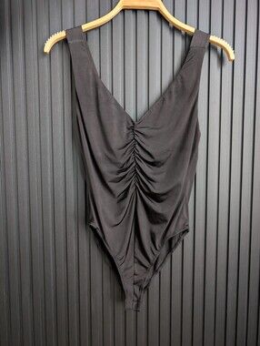 Veronica M Black Ruched V-Neck Bodysuit Sleeveless Size S